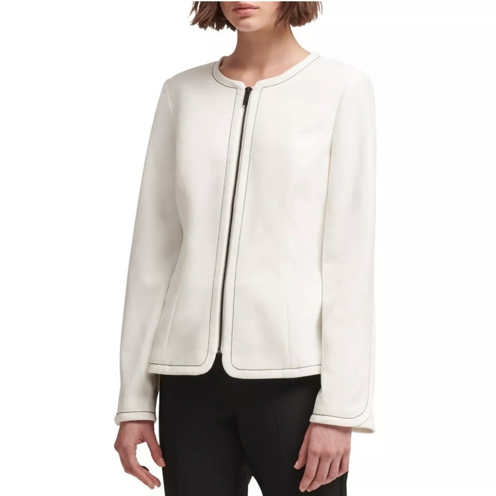 DKNY Women's Ivory Contrast-stitch Full Zip Basic Jacket Top Size Small